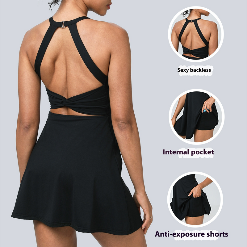 New Nude Feel Halter Beauty Back Exercise Dress Fake Two-piece Anti-exposure